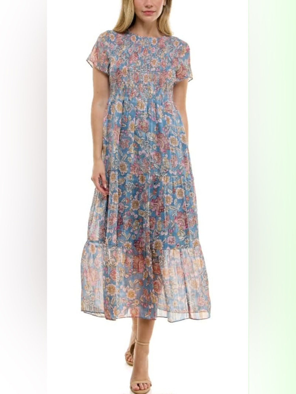 Nanette Lepore Blue Floral Tiered Maxi Dress with Pink Accents NEW size 14